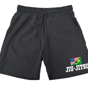 Koyotee Men's Jiu Jitsu US Brazil Flag F101 Black Athletic Nylon Running Workout Shorts Large