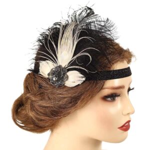 GENBREE Vintage 1920s Flapper Headpiece Black Feather Headband Crystal Headpieces Cocktail Head Accessories for Women and Girls