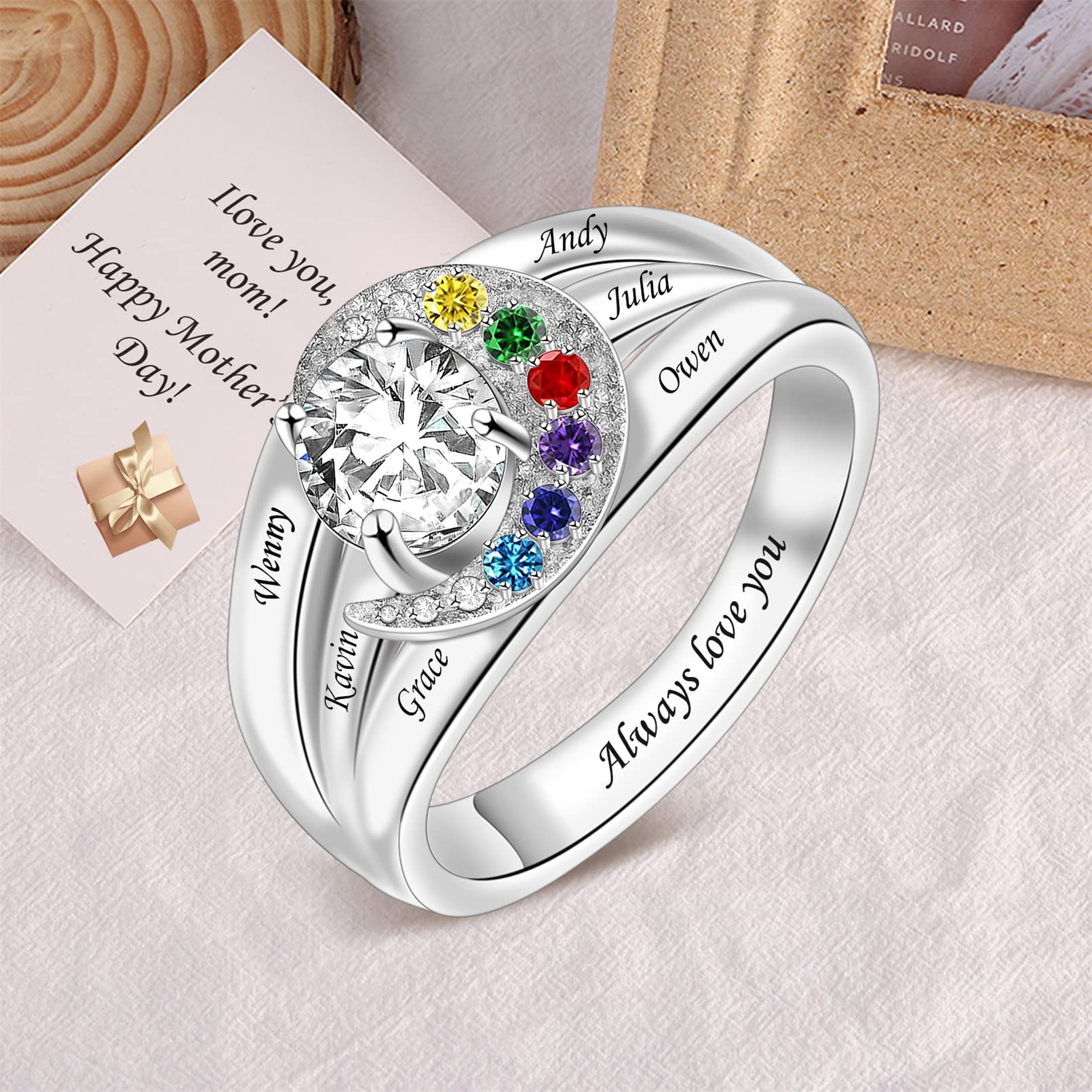 YITUB Personalized Mother Rings with 1-8 Simulated Birthstones Custom Name Ring for Women Engraved Family Ring Moon Ring For Mothers Day Mom Daughter Grandma Sisters (6 Stones)