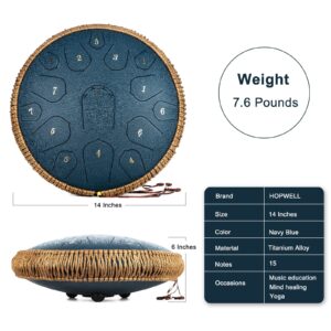 HOPWELL Steel Tongue Drum - 14 Inch 15 Note Tongue Drum - Hand Pan Drum with Music Book, Handpan Drum Mallets and Carry Bag, D Major (Navy Blue)