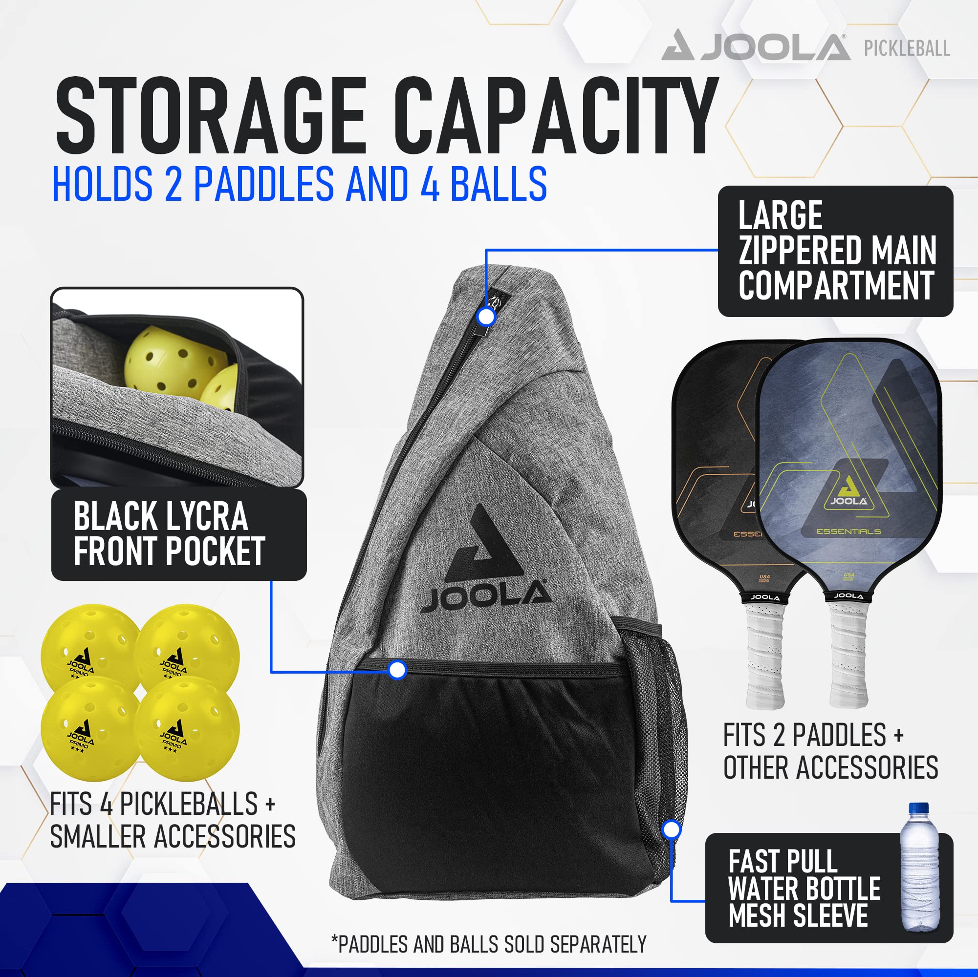 JOOLA Essentials Sling Pickleball Bag - Fits 2 Rackets and 2 Balls - Features Front Pocket, Fence Hook, & Water Bottle Mesh Pocket - Reversible Left or Right Single Backpack Strap