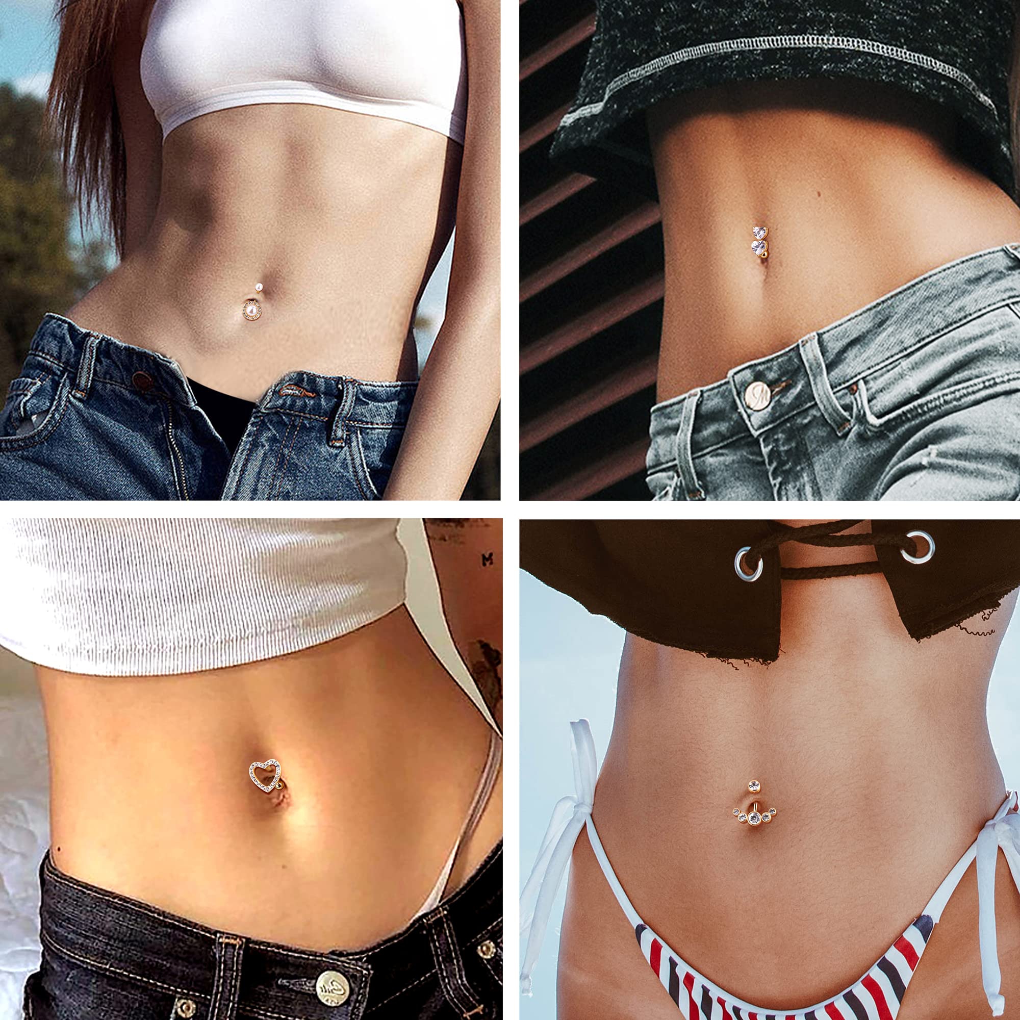 FIBO STEEL 14G Belly Button Rings 316L Surgical Steel Dangle Belly Rings for Women Navel Rings Barbell CZ Body Piercing Jewelry