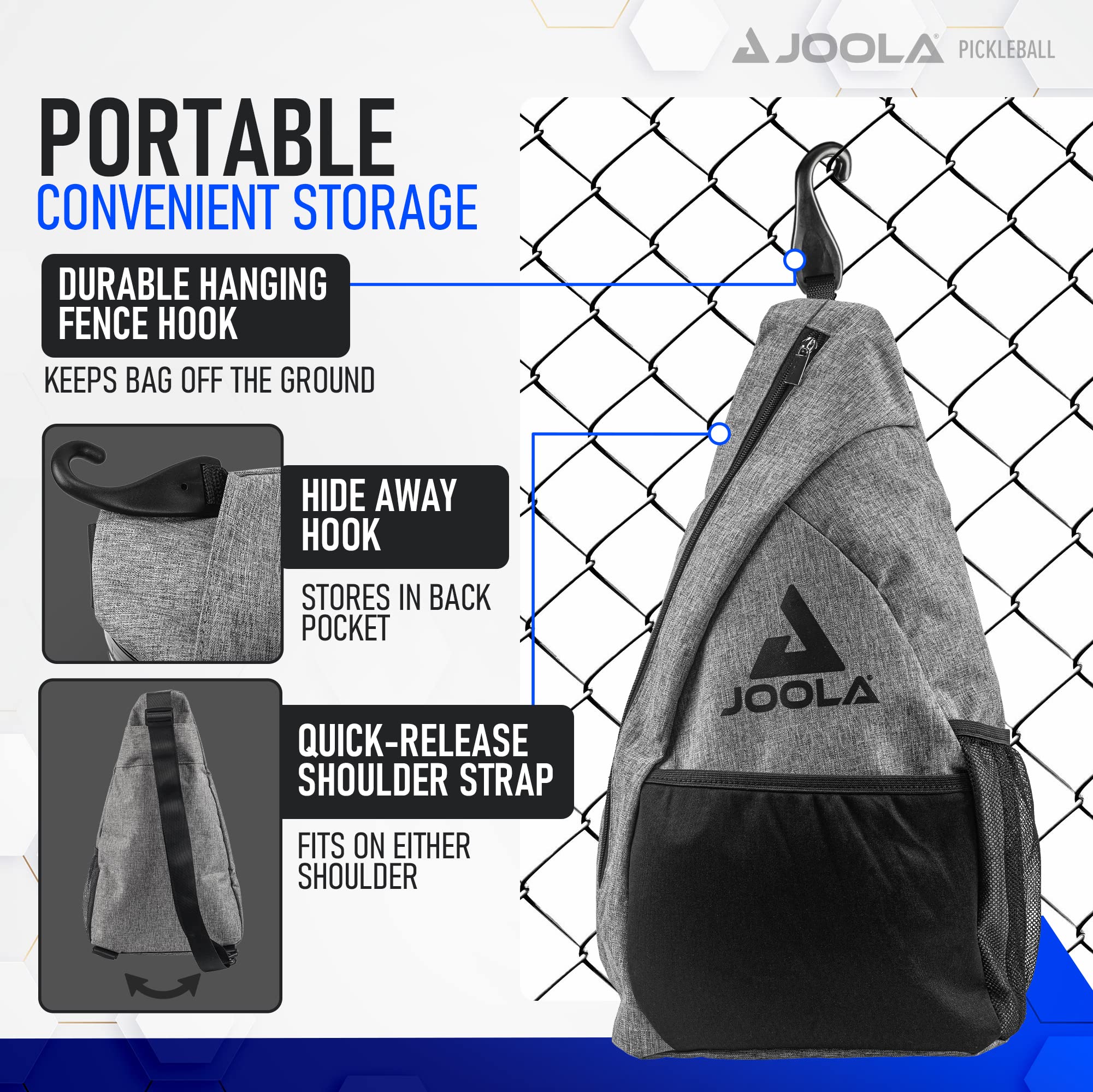 JOOLA Essentials Sling Pickleball Bag - Fits 2 Rackets and 2 Balls - Features Front Pocket, Fence Hook, & Water Bottle Mesh Pocket - Reversible Left or Right Single Backpack Strap