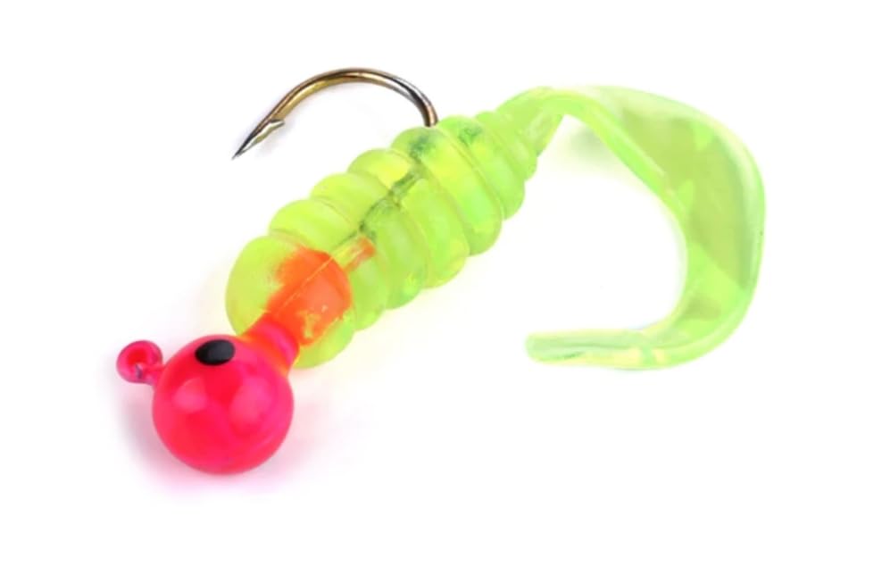 Moose Baits Crappie Jigs, Crappie Baits, Grub Fishing Lures, Curly Tail Worms for Bass Fishing, Crappie Fishing Gear, Soft Plastic Grubs, Curl Tail Grubs, Pink Swimbait with 1/8 oz Jig Heads