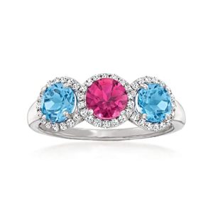 ross-simons 1.40 ct. t.w. swiss blue topaz, 60 carat pink tourmaline and .19 ct. t.w. diamond ring in 14kt white gold. size 7