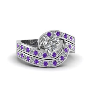 JewelryGift Swirl Pave Diamond Wedding Ring Set Sterling Silver Natural Amethyst Heart Shape Purple Color Wedding Ring Sets Pave Setting in Size 6 Party Wear Daily Wear Ornament