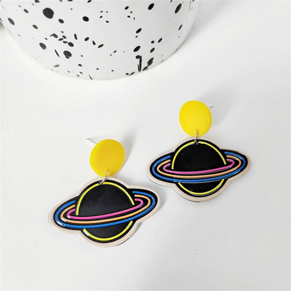 ANXIN Unique Handmade Cartoon Black Embossed Print Rocket Planet Earrings Chic Lightweight Creative Acrylic Drop Dangle Earrings For Women Jewelry Gifts (Black Planet (Xingxing) Earrings)