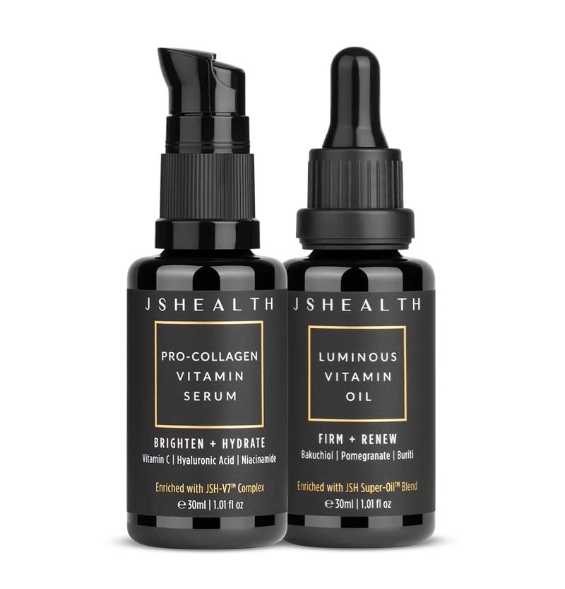 JSHealth Plump & Glow Skincare Bundle - Brightening Vitamin C Serum for Face & Hydrating Vitamin E Face Oil