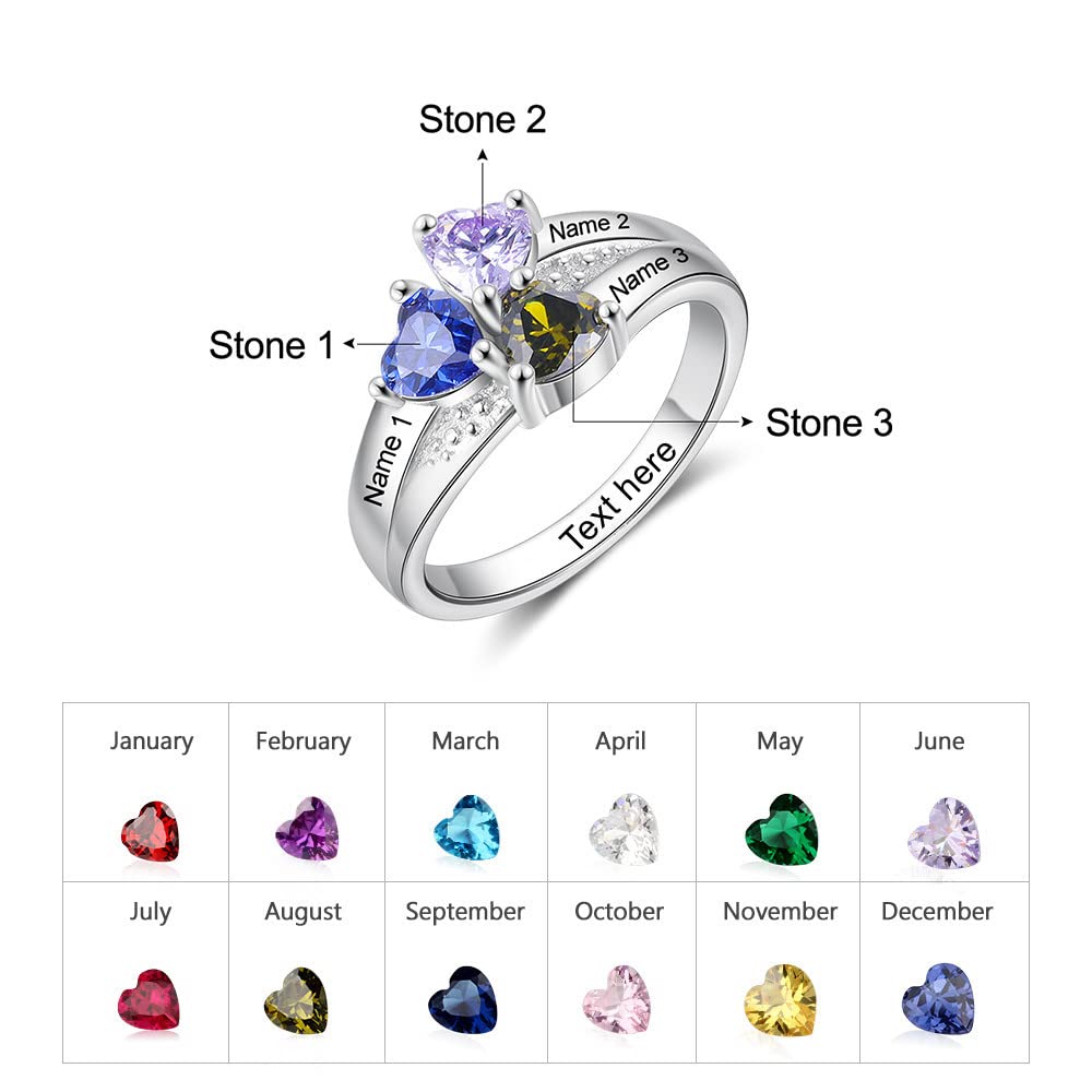 Personalized Mothers Rings with 3 Simulated Birthstones Custom Name Rings for Women 925 Sterling Silver Engraved Promise Rings for Her Grandma Mothers Day Birthday Gifts (#7)