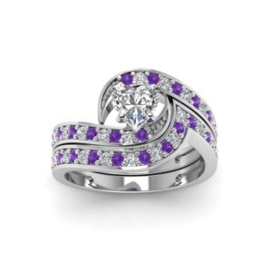 jewelrygift swirl pave diamond wedding ring set sterling silver natural amethyst heart shape purple color wedding ring sets pave setting in size 6 party wear daily wear ornament