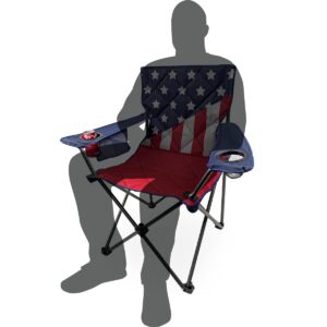 Black Sierra XL Patriotic USA American Flag Camping Chair, Oversize Foldable Outdoor Chair w/Padding & 2 Cupholders, Heavy Duty Lawn Chair Supports 300 lbs for Camping, Beach, RV, Patio, Sports