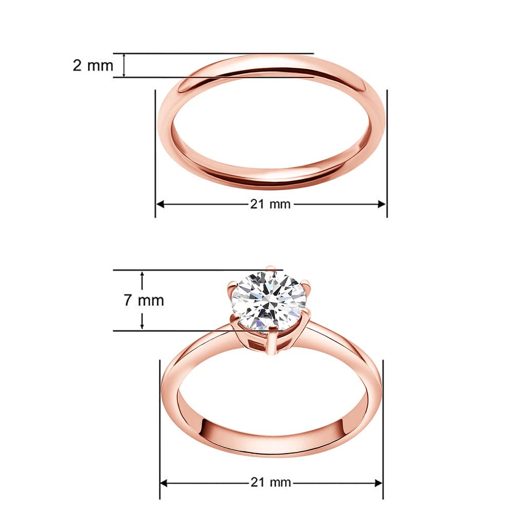 SILVERLINE JEWELRY Stainless Steel 2mm Wedding Band & Solitaire 7mm Round-Cut Cubic Zirconia Engagement Bridal Ring Set, Rose Gold Tone Size 6.5