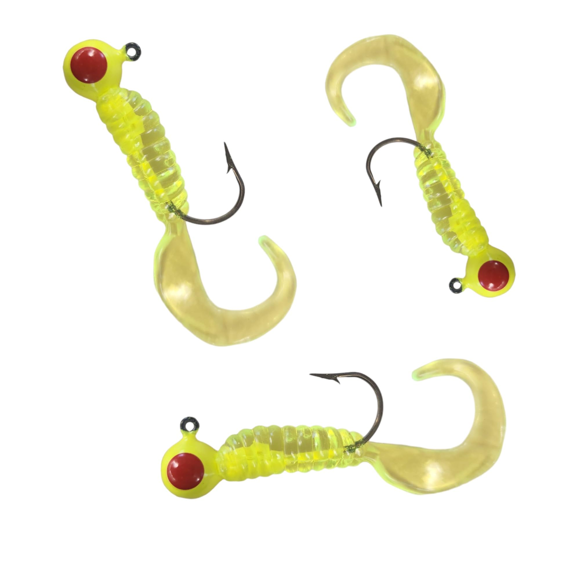 Moose Baits Crappie Jigs, Crappie Baits, Grub Fishing Lures, Curly Tail Worms for Bass Fishing, Crappie Fishing Gear, Soft Plastic Grubs, Curl Tail Grubs, Chartreuse Swimbait with 1/8 oz Jig Heads