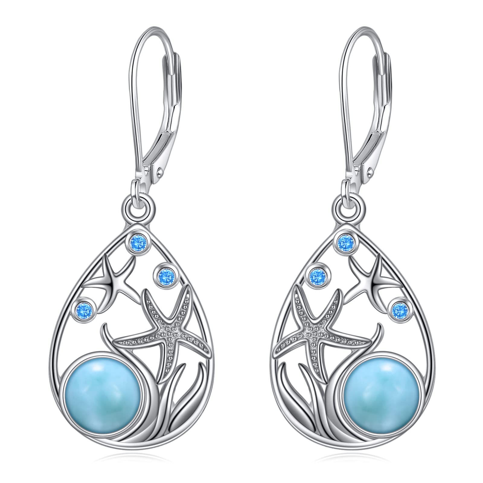 Starfish Beach Earrings for Women Sterling Silver Larimar Teardrop Earrings (larimar)