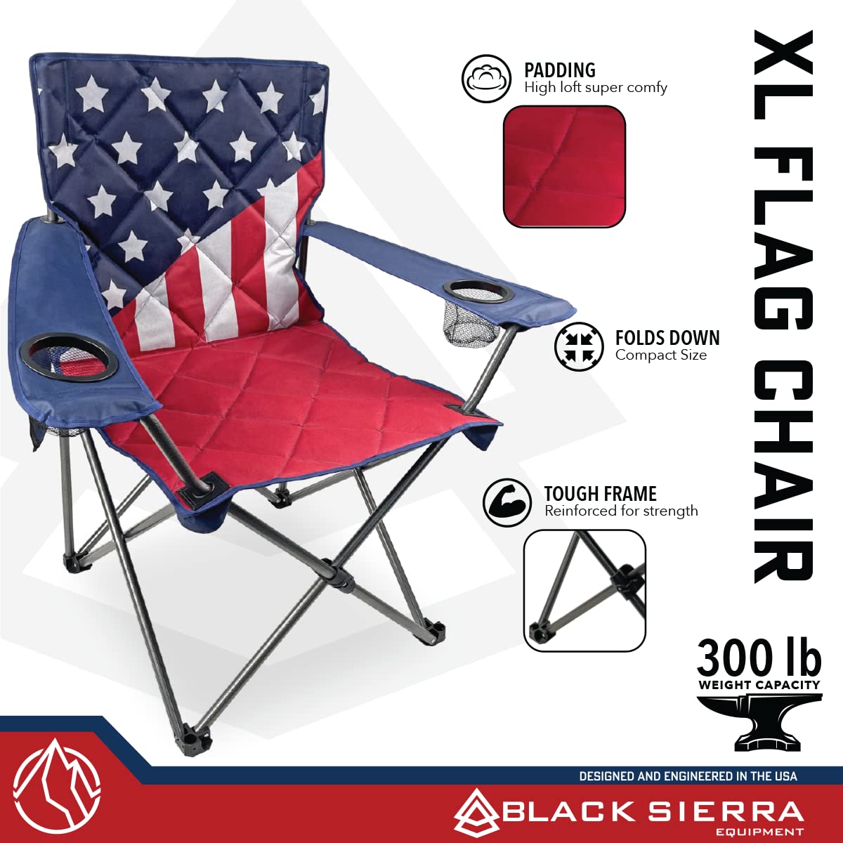 Black Sierra XL Patriotic USA American Flag Camping Chair, Oversize Foldable Outdoor Chair w/Padding & 2 Cupholders, Heavy Duty Lawn Chair Supports 300 lbs for Camping, Beach, RV, Patio, Sports