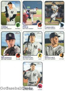 2022 topps heritage new york yankees team set of 14 cards: aaron judge(#44), gerrit cole(#166), dj lemahieu(#169), luis severino(#177), giancarlo stanton(#225), gary sanchez(#258), gio urshela(#284), aroldis chapman(#287), gleyber torres(#299), joey gallo