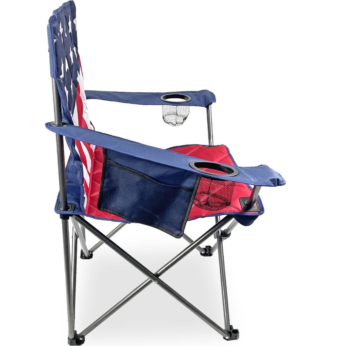 Black Sierra XL Patriotic USA American Flag Camping Chair, Oversize Foldable Outdoor Chair w/Padding & 2 Cupholders, Heavy Duty Lawn Chair Supports 300 lbs for Camping, Beach, RV, Patio, Sports