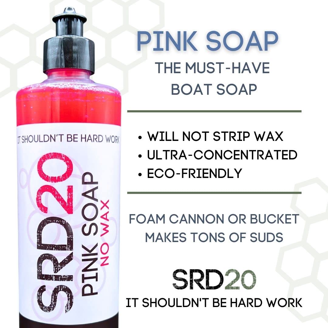 SRD20 Pink Soap Boat Wash. Won't Remove Boat Wax. Foam Cannon, Foam Gun or Bucket. A Must-Have in your Boat Cleaning Supplies. Biodegradable Boat Cleaner for all Marine Vessels.