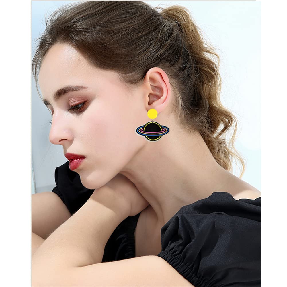 ANXIN Unique Handmade Cartoon Black Embossed Print Rocket Planet Earrings Chic Lightweight Creative Acrylic Drop Dangle Earrings For Women Jewelry Gifts (Black Planet (Xingxing) Earrings)