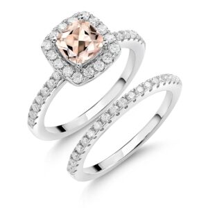 Gem Stone King 925 Sterling Silver Cushion Peach Morganite and Moissanite Wedding Engagement Ring Band Bridal Set For Women (1.34 Cttw, Gemstone Birthstone, Available In Size 5, 6, 7, 8, 9)