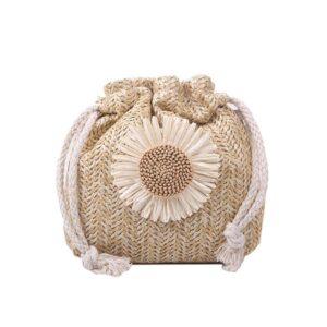 women straw handbag sunflower crossbody bag mini drawstring purse summer beach shoulder bag handmade casual bucket tote bag (khaki)