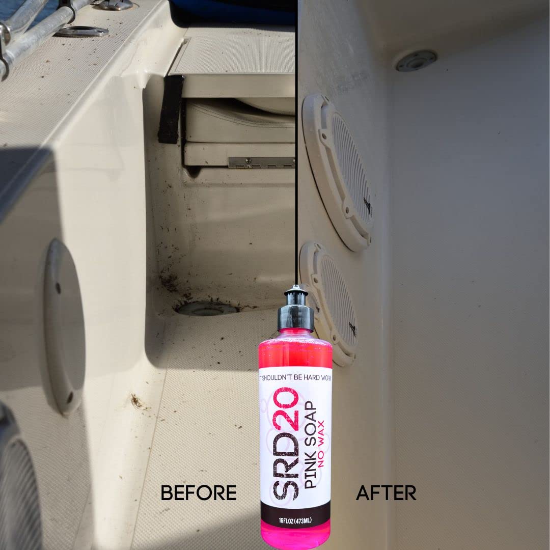 SRD20 Pink Soap Boat Wash. Won't Remove Boat Wax. Foam Cannon, Foam Gun or Bucket. A Must-Have in your Boat Cleaning Supplies. Biodegradable Boat Cleaner for all Marine Vessels.