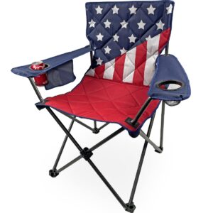 Black Sierra XL Patriotic USA American Flag Camping Chair, Oversize Foldable Outdoor Chair w/Padding & 2 Cupholders, Heavy Duty Lawn Chair Supports 300 lbs for Camping, Beach, RV, Patio, Sports