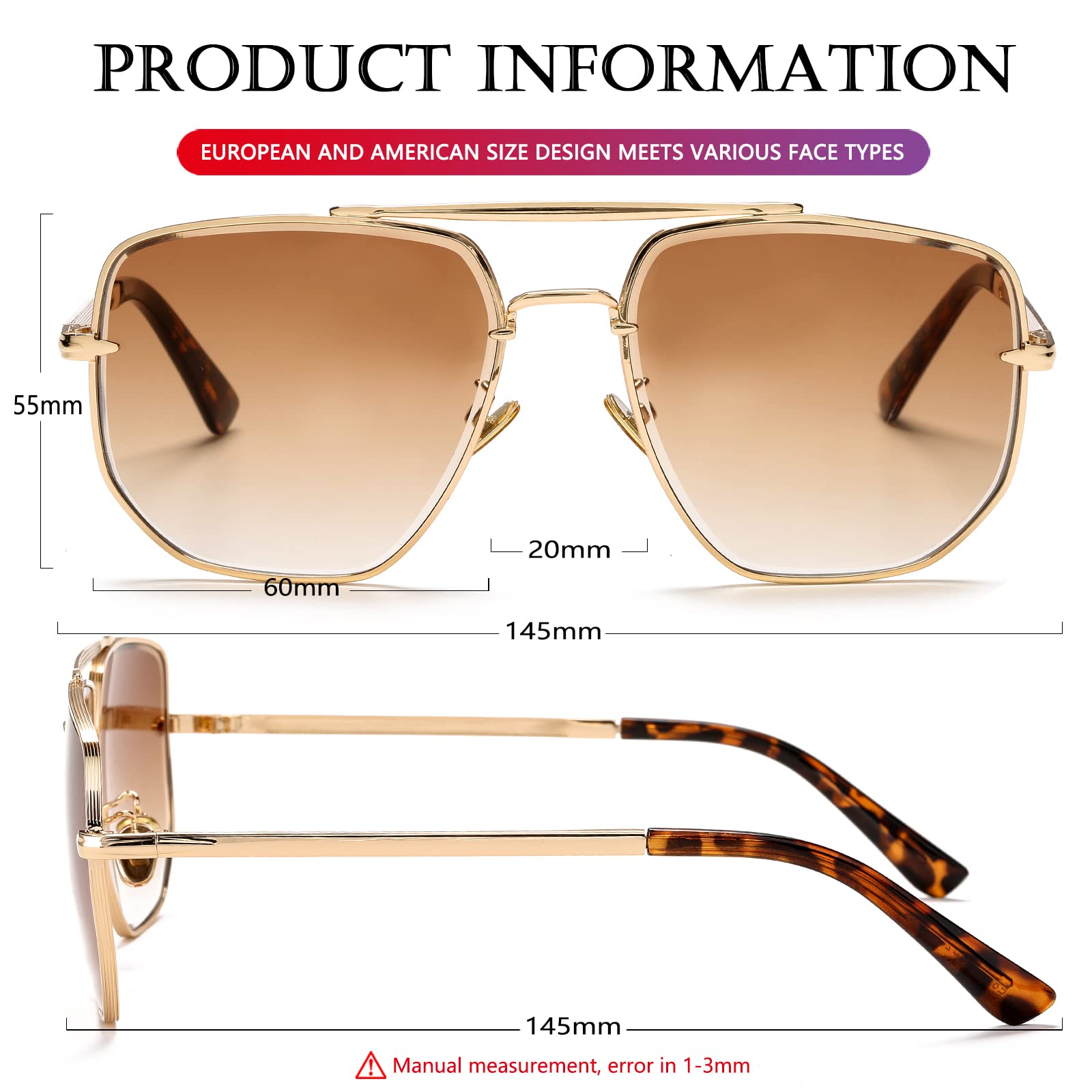 AIEYEZO Square Aviator Sunglasses for Men Women Fashion Vintage Diamond Cutting Lens Classic Military Pilot Gradient Shades (Gold/Brown Gradient)