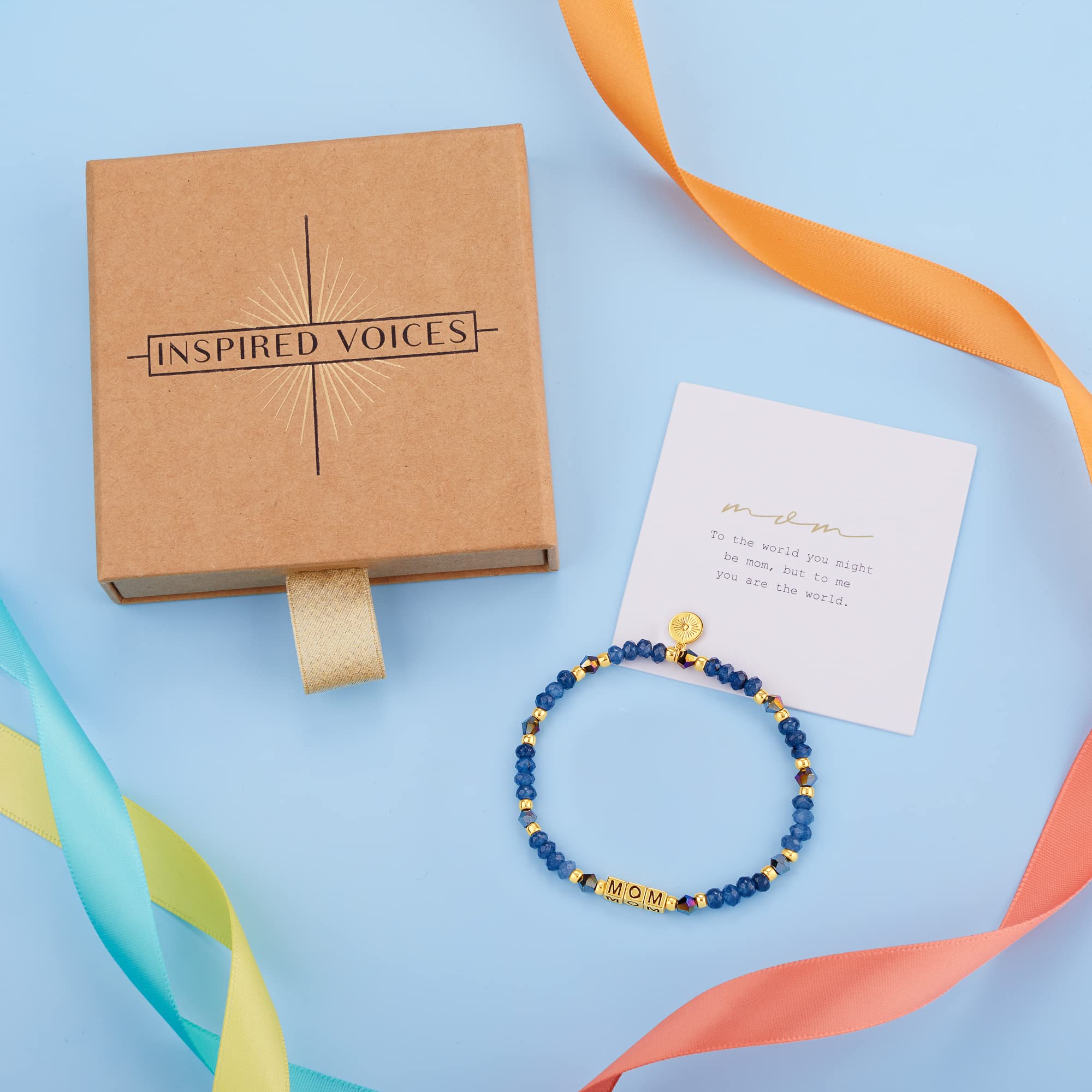 INSPIRED VOICES Family Letter Bracelets - Sister Bracelet, Grandma Bracelet, Mom Bracelet - Sister Gifts for Women (MOM/Gold Plated/Blue)