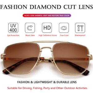 AIEYEZO Square Aviator Sunglasses for Men Women Fashion Vintage Diamond Cutting Lens Classic Military Pilot Gradient Shades (Gold/Brown Gradient)