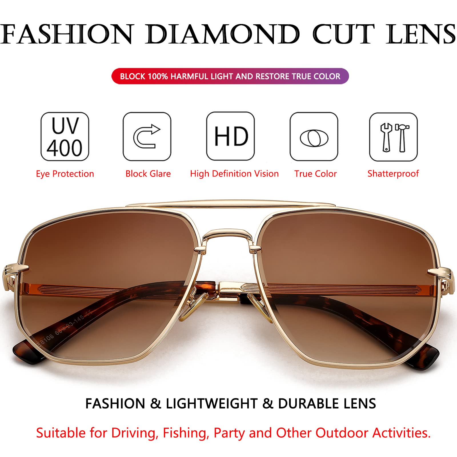 AIEYEZO Square Aviator Sunglasses for Men Women Fashion Vintage Diamond Cutting Lens Classic Military Pilot Gradient Shades (Gold/Brown Gradient)