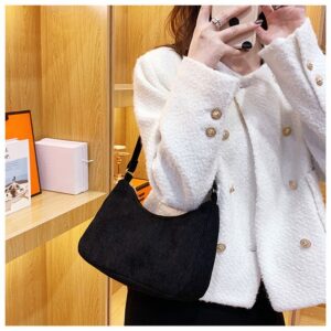 Women Corduroy Shoulder Bag Small Handbag Purse Casual Ladies Satchel Fashion Daily Tote Bag (Black)