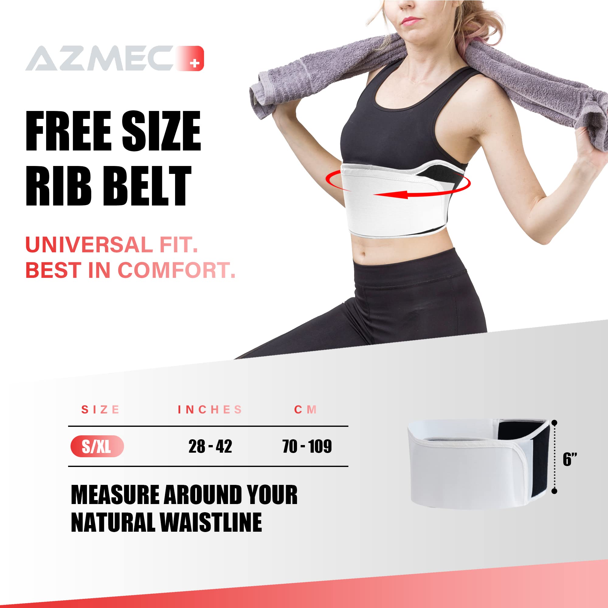 Azmec Rib Belt, 6" Elastic/Foam Chest Panel Universally Adjustable for Women, Rib Cage Protector, Wrap for Sore or Bruised Ribs, Support Sternum Injuries, Muscle Pain and Strain (Fits 26”- 40” Chest)