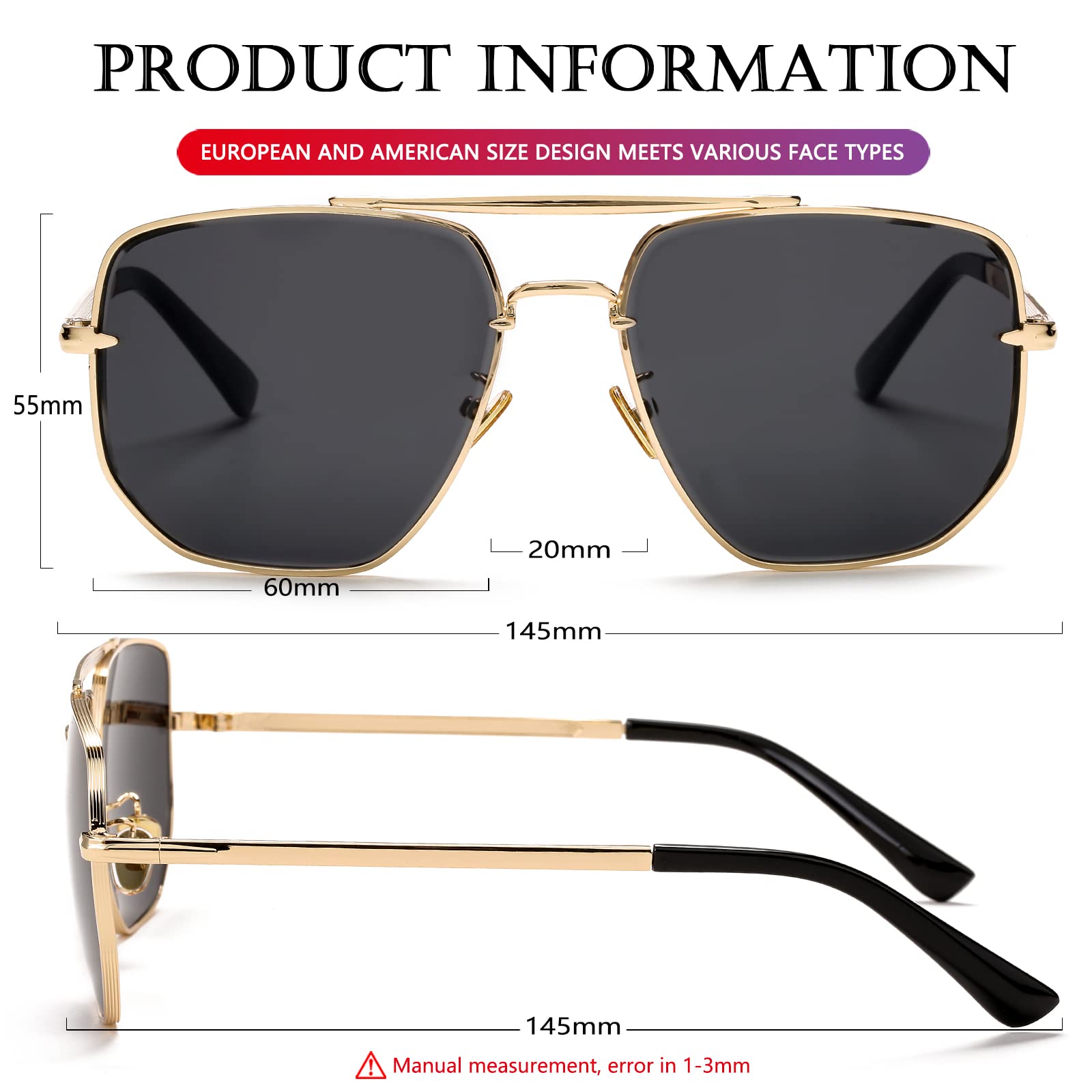 AIEYEZO Square Aviator Sunglasses for Men Women Fashion Vintage Diamond Cutting Lens Classic Military Pilot Gradient Shades (Gold/Grey)