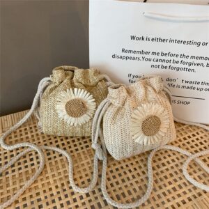 Women Straw Handbag Sunflower Crossbody Bag Mini Drawstring Purse Summer Beach Shoulder Bag Handmade Casual Bucket Tote Bag (khaki)