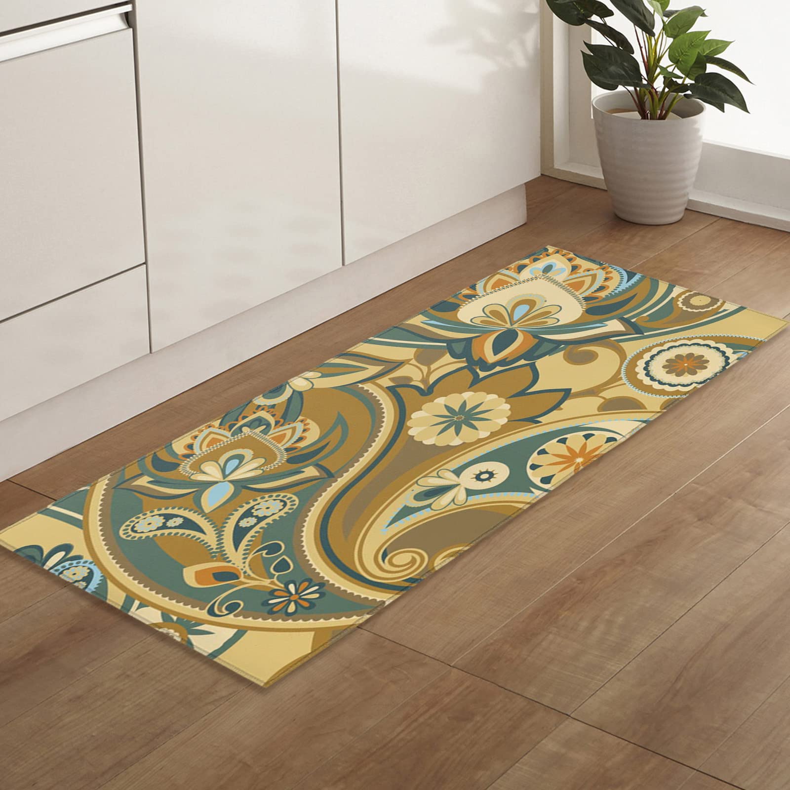 Runner Rugs, Paisley Culture Asian Retro Style Cashew Flowers Texture Non Slip Low Profile Hallway Runner Rug for Entryway Entrance Kitchen Laundry Room Bedroom, 18"X59"