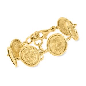 ross-simons italian 18kt gold over sterling replica coin bracelet. 7 inches