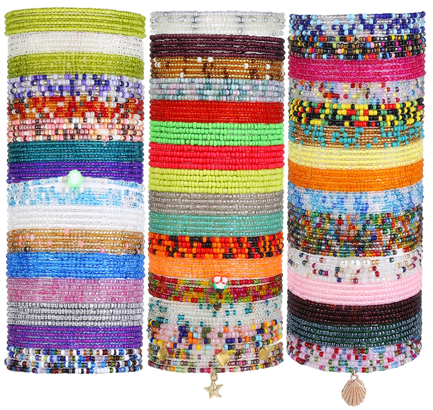 Taouzi 48 Pieces Waist Beads for Women Colorful Beaded Body Chain Elastic String Waist Chain Beach Bikini Belly Chains for Women