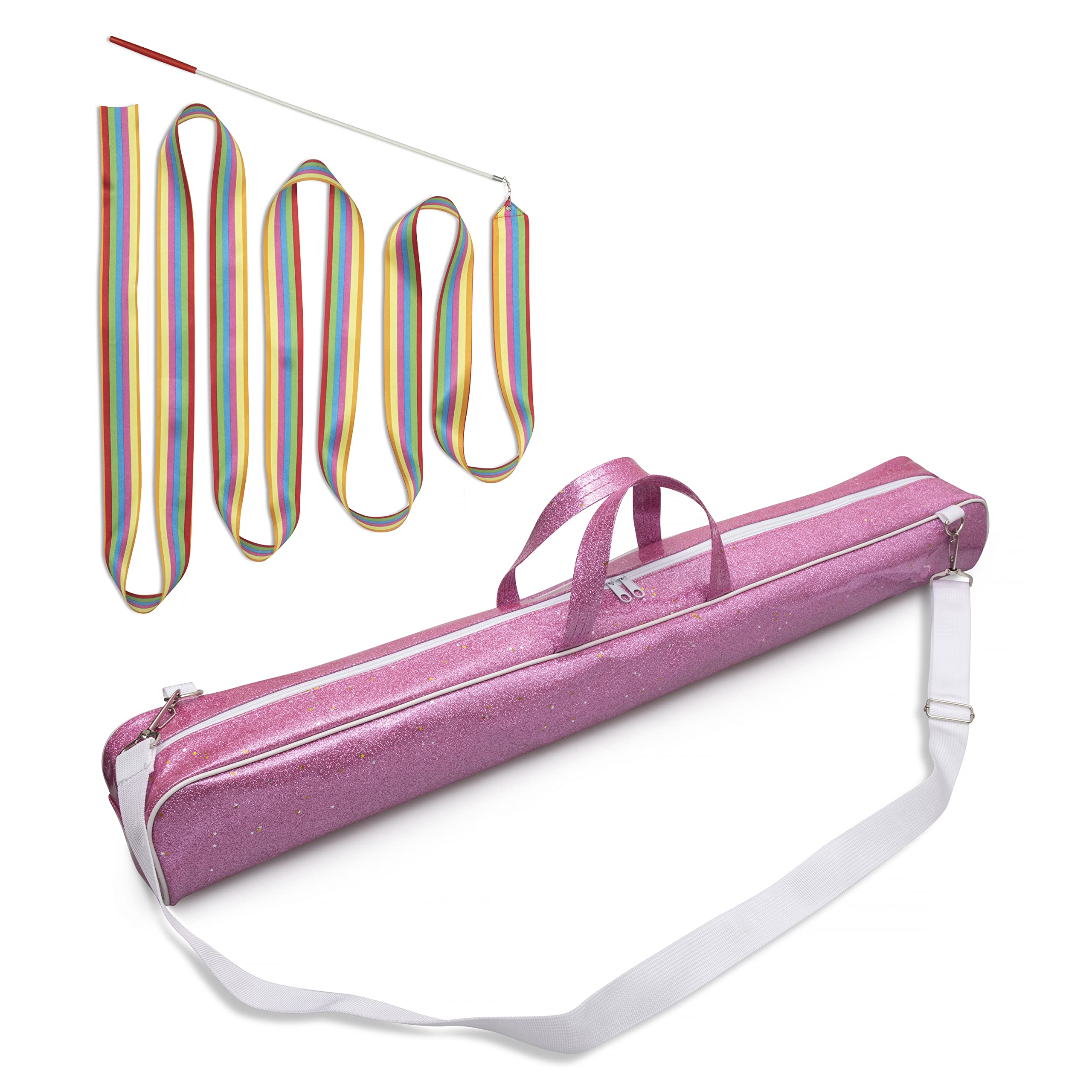 Cintrio Twirling Baton Bag Case with Adjustable Shoulder Strap - Pink Sparkle Case for Majorette Marching Dance Batons - Complete with Rainbow Dance Ribbon Streamer