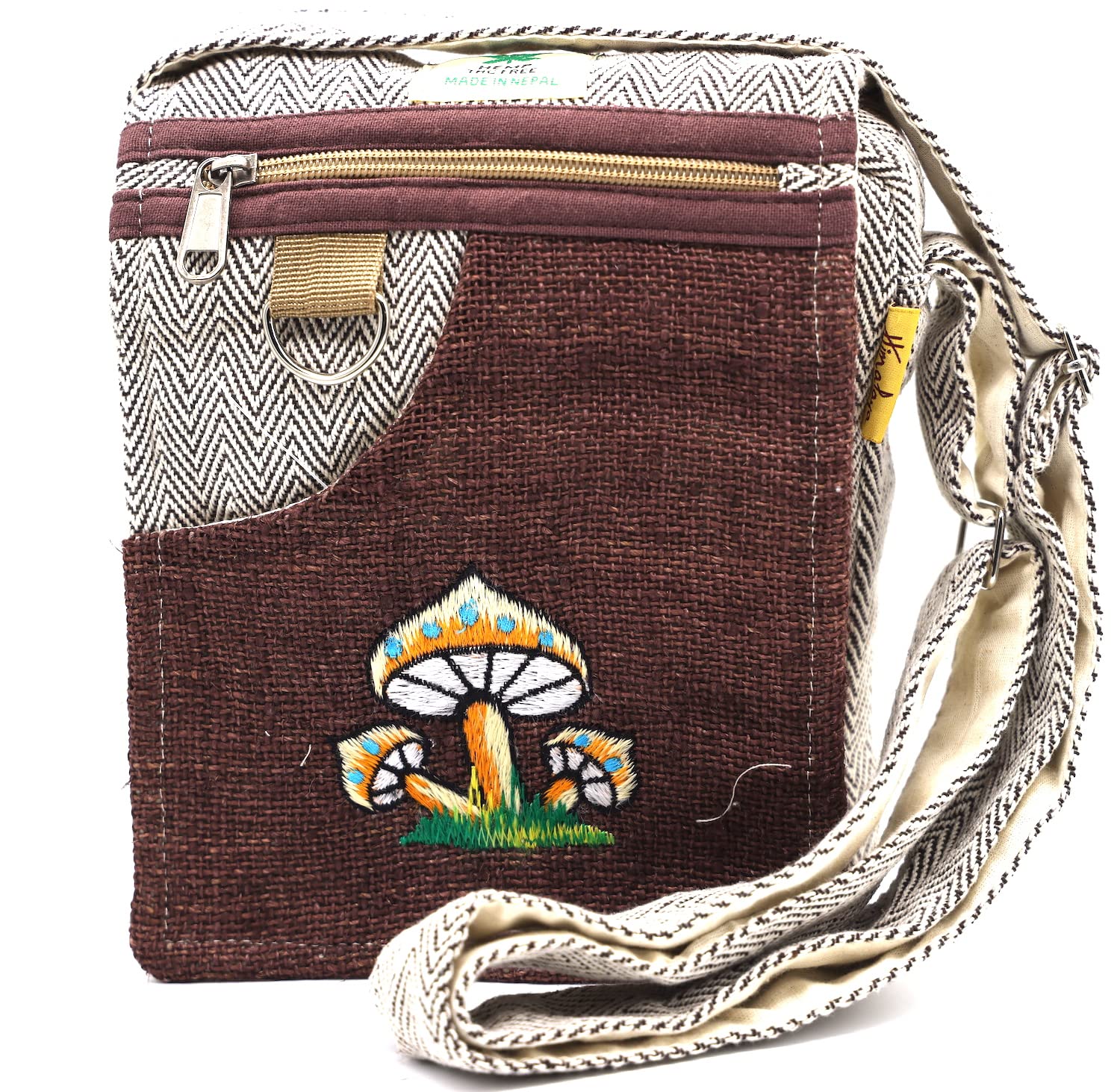 Himalaya Handmade Unique design Mushroom Embroidery Hemp Hobo Passport crossbody bag Festival Travel Bag 100% Himalaya Hemp FAIR TRADE Brown