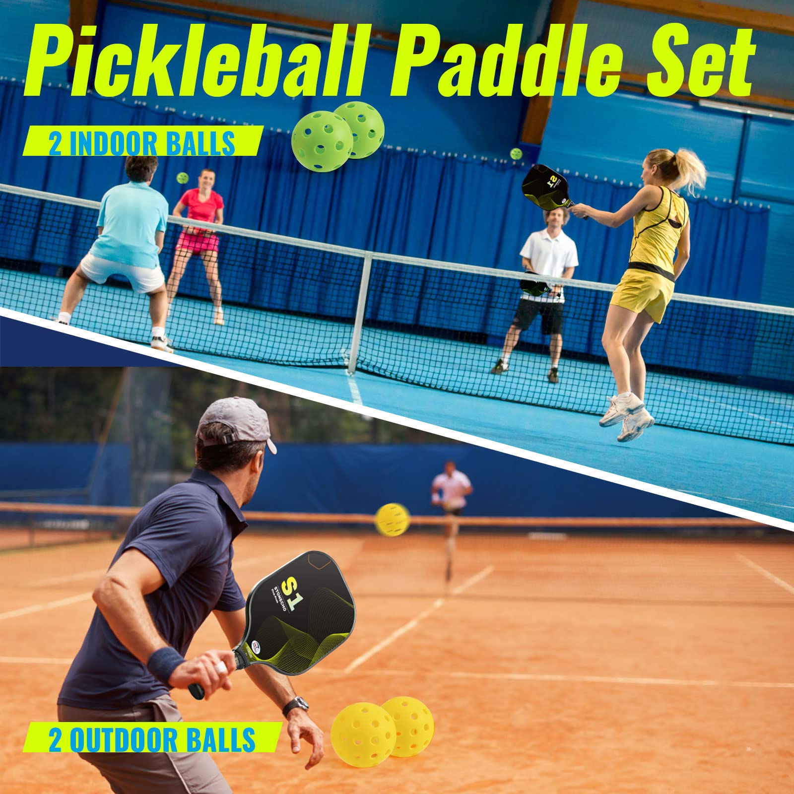 Pickleball Paddles, Pickleball Set, USAPA Approved Best Pickleball Rackets Fiberglass Face, Thicker Polypropylene Honeycomb Core, Lightweight Pickleball Paddles Set of 2 & 4 Indoor Outdoor balls & Bag