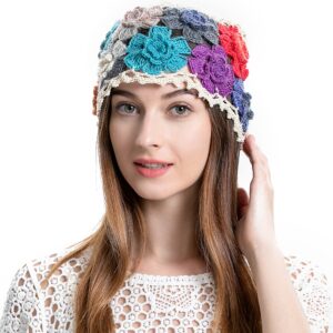 ZLYC Women Cotton Crochet Skull Cap Handmade Knit Cutout Floral Beanie Hat (Flowers Beige)