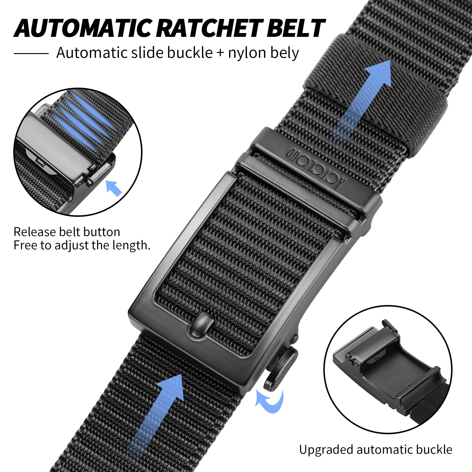 ACTCLOUD Ratchet Belts for Men, Tactical Gun Belt Nylon Web Golf Belt with Automatic Slide Buckle (XL-for Waist 46"-50" (Length 57"), Black)