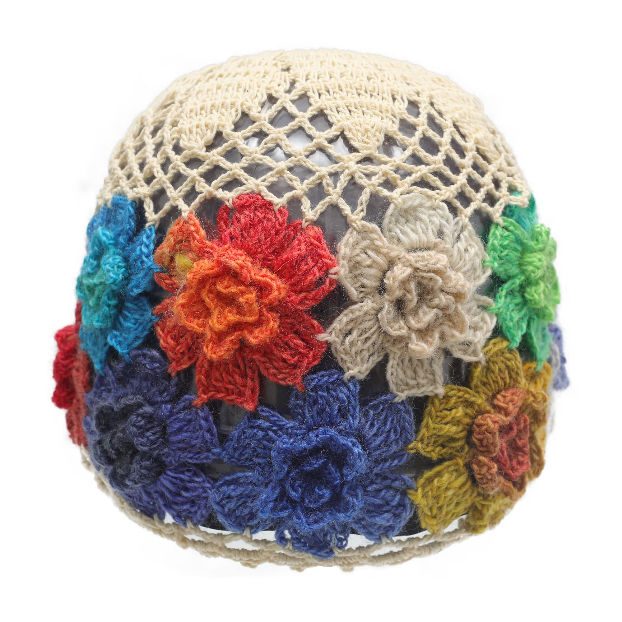 ZLYC Women Cotton Crochet Skull Cap Handmade Knit Cutout Floral Beanie Hat (Flowers Beige)