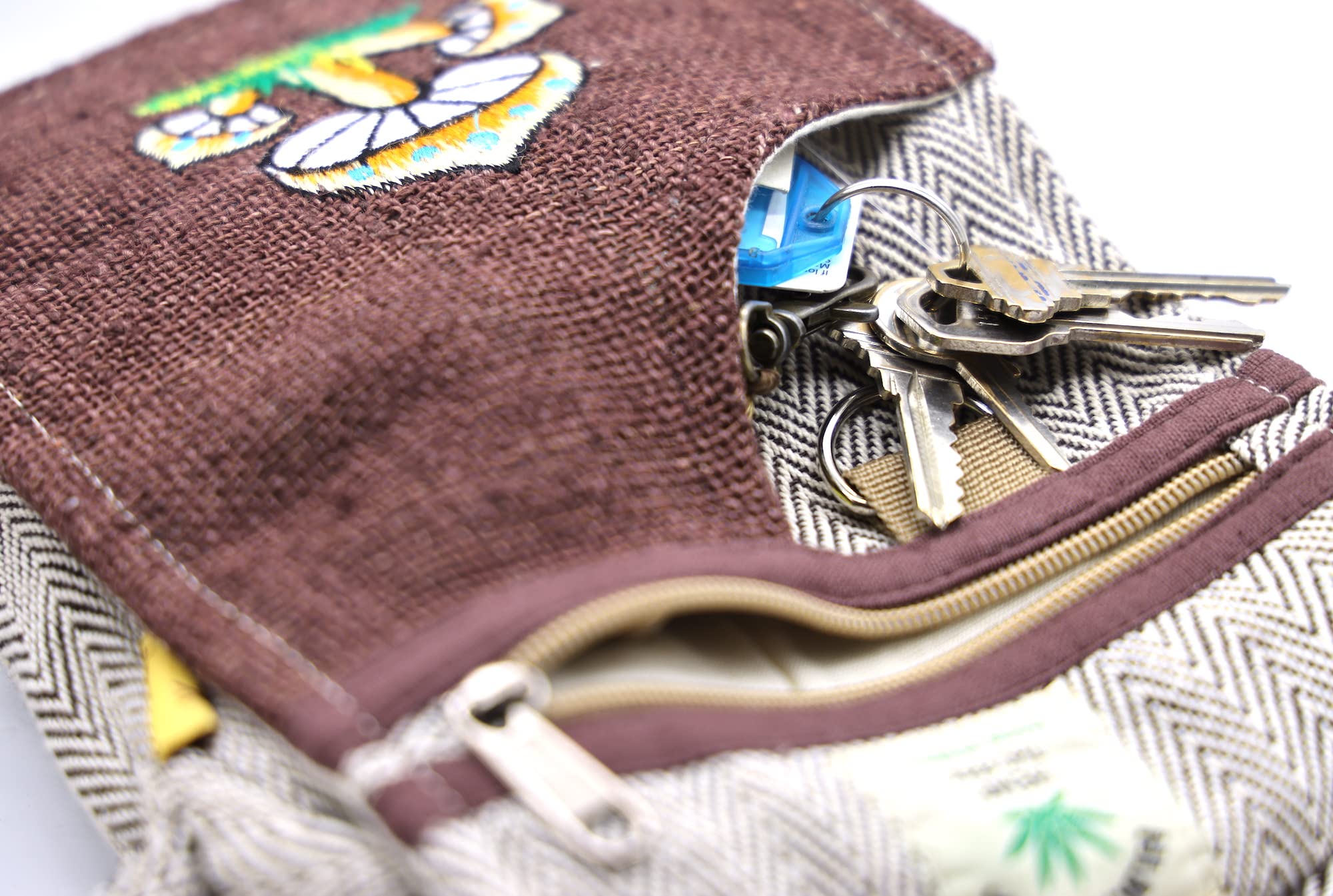 Himalaya Handmade Unique design Mushroom Embroidery Hemp Hobo Passport crossbody bag Festival Travel Bag 100% Himalaya Hemp FAIR TRADE Brown