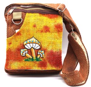 himalaya handmade unique design mushroom embroidery hemp hobo passport crossbody bag festival travel bag 100% himalaya hemp fair trade orange