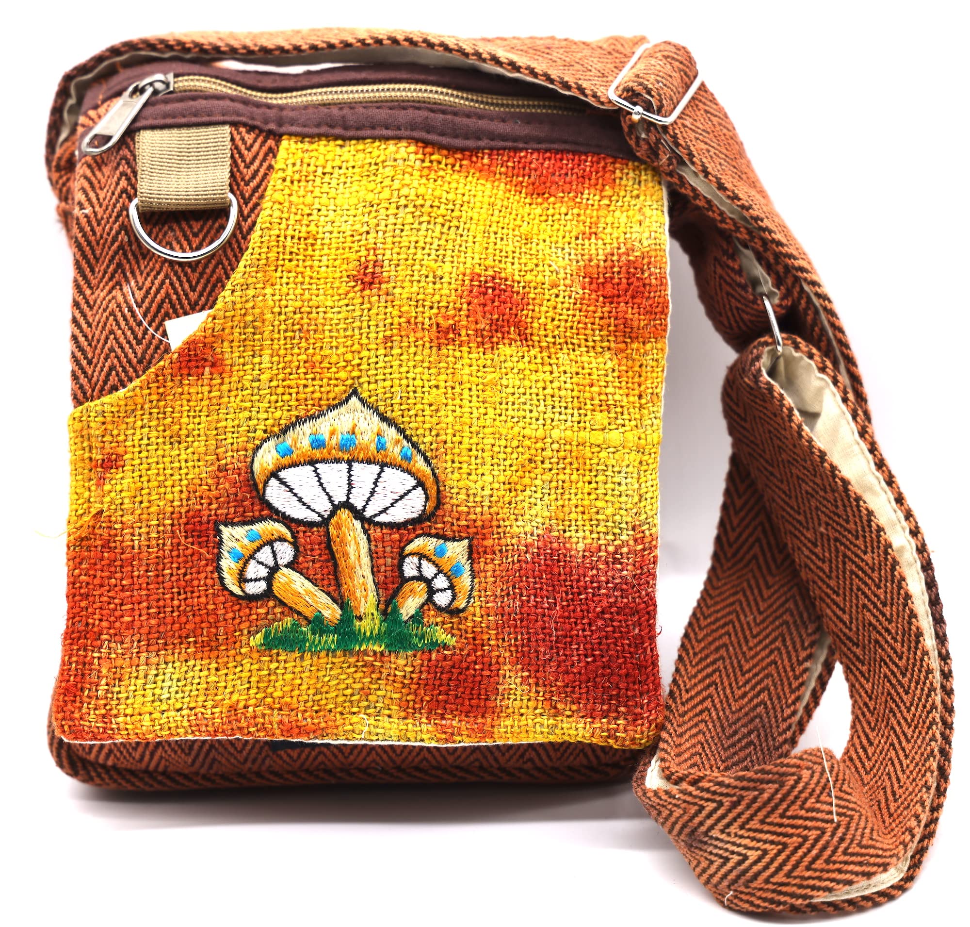 Himalaya Handmade Unique design Mushroom Embroidery Hemp Hobo Passport crossbody bag Festival Travel Bag 100% Himalaya Hemp FAIR TRADE Orange