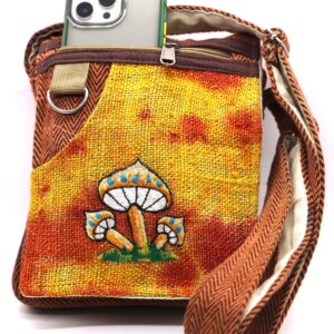 Himalaya Handmade Unique design Mushroom Embroidery Hemp Hobo Passport crossbody bag Festival Travel Bag 100% Himalaya Hemp FAIR TRADE Orange