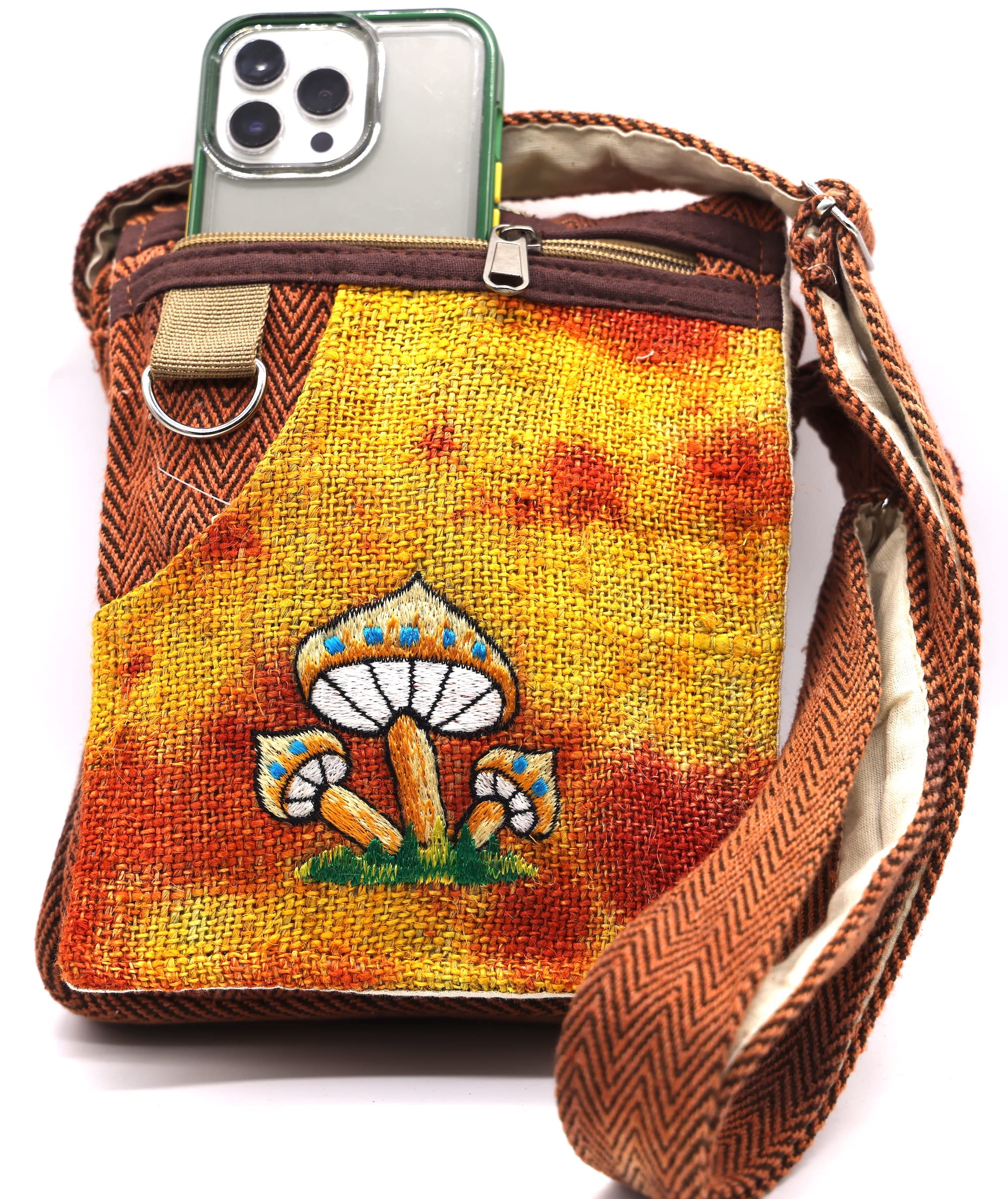 Himalaya Handmade Unique design Mushroom Embroidery Hemp Hobo Passport crossbody bag Festival Travel Bag 100% Himalaya Hemp FAIR TRADE Orange