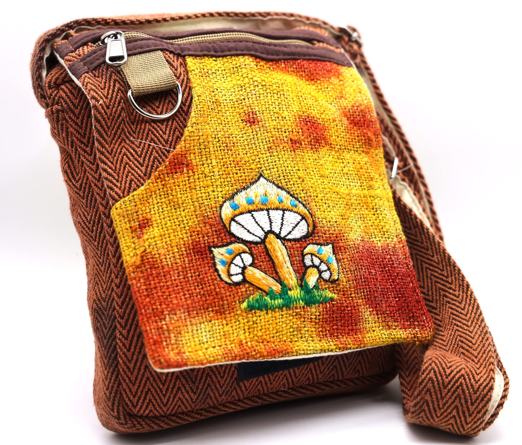 Himalaya Handmade Unique design Mushroom Embroidery Hemp Hobo Passport crossbody bag Festival Travel Bag 100% Himalaya Hemp FAIR TRADE Orange